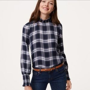 Loft Plaid Semi-Sheer Mock-Neck Blouse